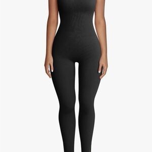 OQQ Women's Ribbed Sleeveless Square Neck Ankle Split One Piece Tank Jumpsuit